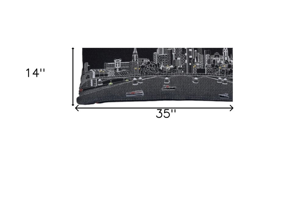14" X 35" Dark Gray And White Frankfurt Nighttime Skyline Lumbar Decorative Pillow — view 4