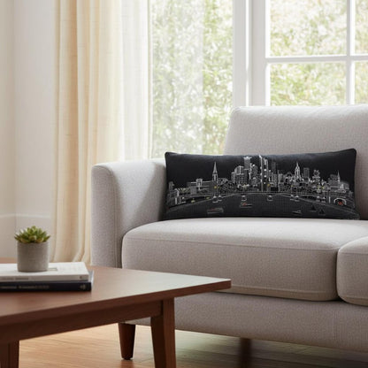 14" X 35" Dark Gray And White Frankfurt Nighttime Skyline Lumbar Decorative Pillow HomeRoots