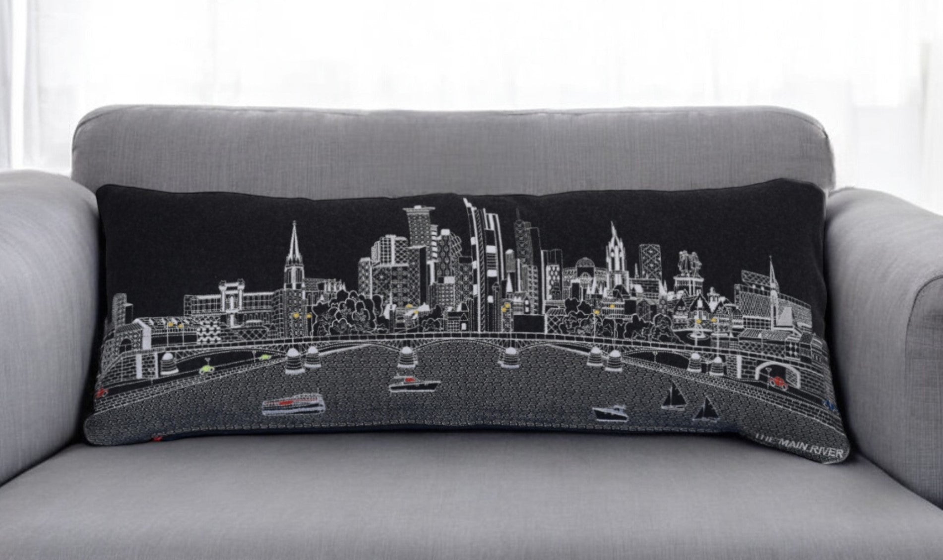 35" Black Frankfurt Nighttime Skyline Lumbar Decorative Pillow FurniFindUSA