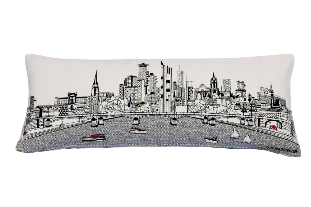 14" X 35" Dark Gray And White Frankfurt Nighttime Skyline Lumbar Decorative Pillow — view 5