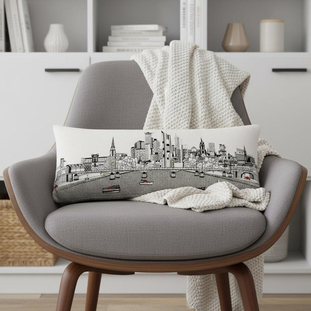 14" X 35" Dark Gray And White Frankfurt Nighttime Skyline Lumbar Decorative Pillow HomeRoots