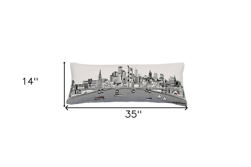 14" X 35" Dark Gray And White Frankfurt Nighttime Skyline Lumbar Decorative Pillow HomeRoots