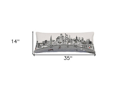 14" X 35" Dark Gray And White Frankfurt Nighttime Skyline Lumbar Decorative Pillow HomeRoots