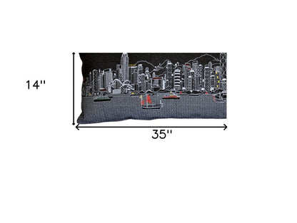 14" X 35" Dark Gray And White Hong Kong Nighttime Skyline Lumbar Decorative Pillow HomeRoots