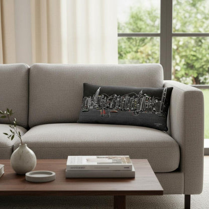 14" X 35" Dark Gray And White Hong Kong Nighttime Skyline Lumbar Decorative Pillow HomeRoots