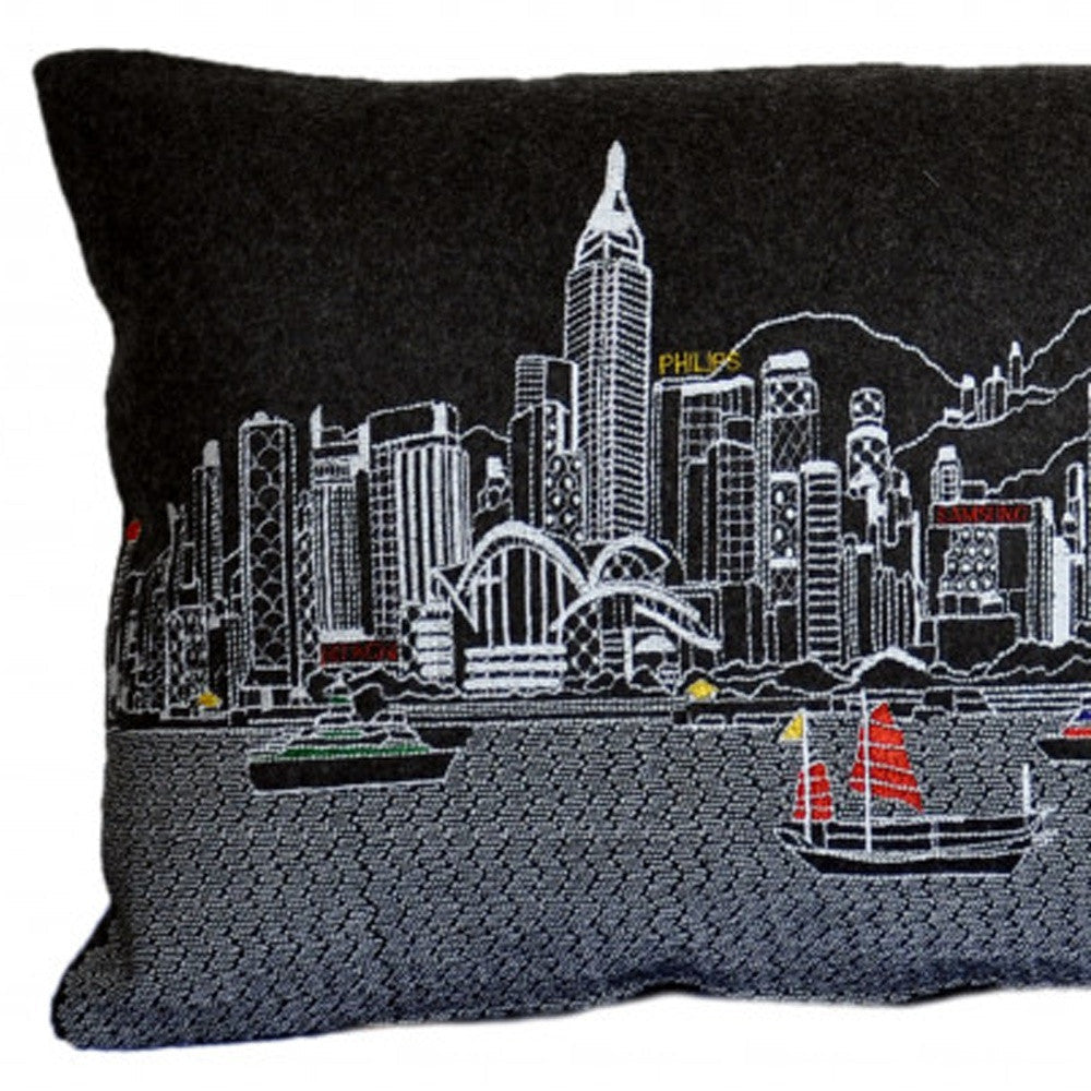 35" Black Hong Kong Nighttime Skyline Lumbar Decorative Pillow FurniFindUSA