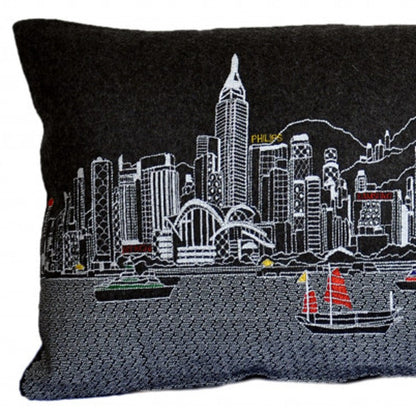 35" Black Hong Kong Nighttime Skyline Lumbar Decorative Pillow FurniFindUSA