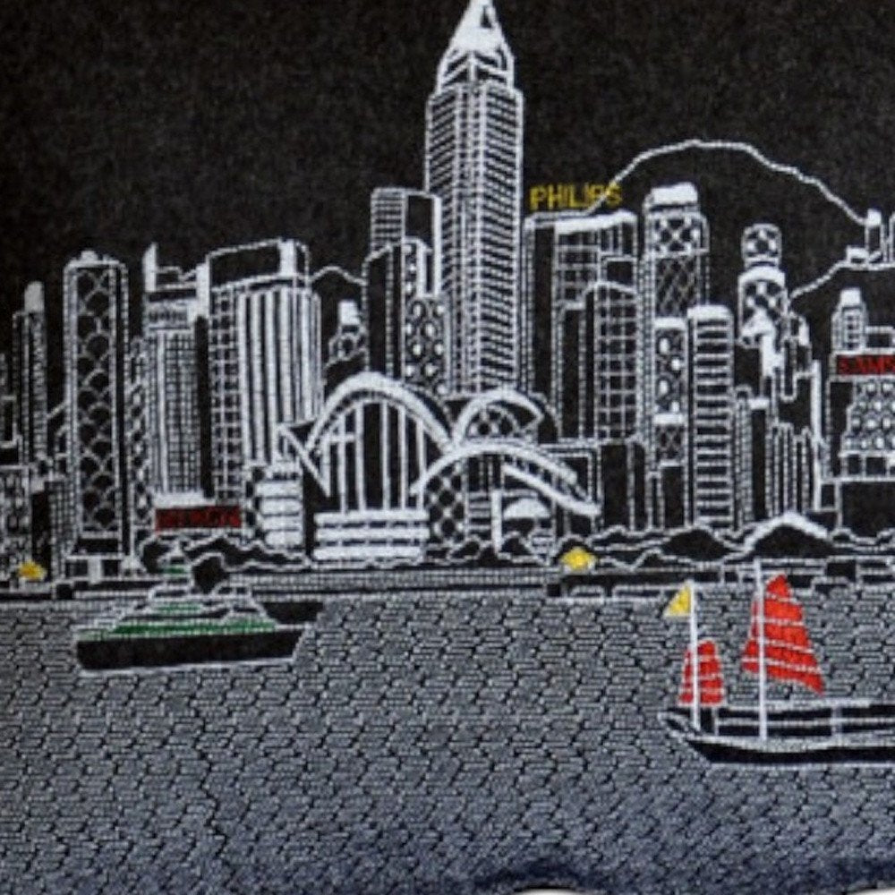 14" X 35" Dark Gray And White Hong Kong Nighttime Skyline Lumbar Decorative Pillow HomeRoots