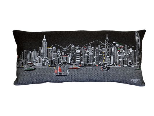 35" Black Hong Kong Nighttime Skyline Lumbar Decorative Pillow FurniFindUSA