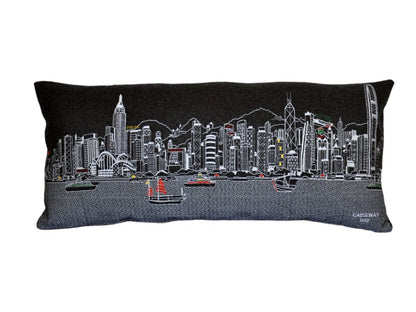 14" X 35" Dark Gray And White Hong Kong Nighttime Skyline Lumbar Decorative Pillow HomeRoots