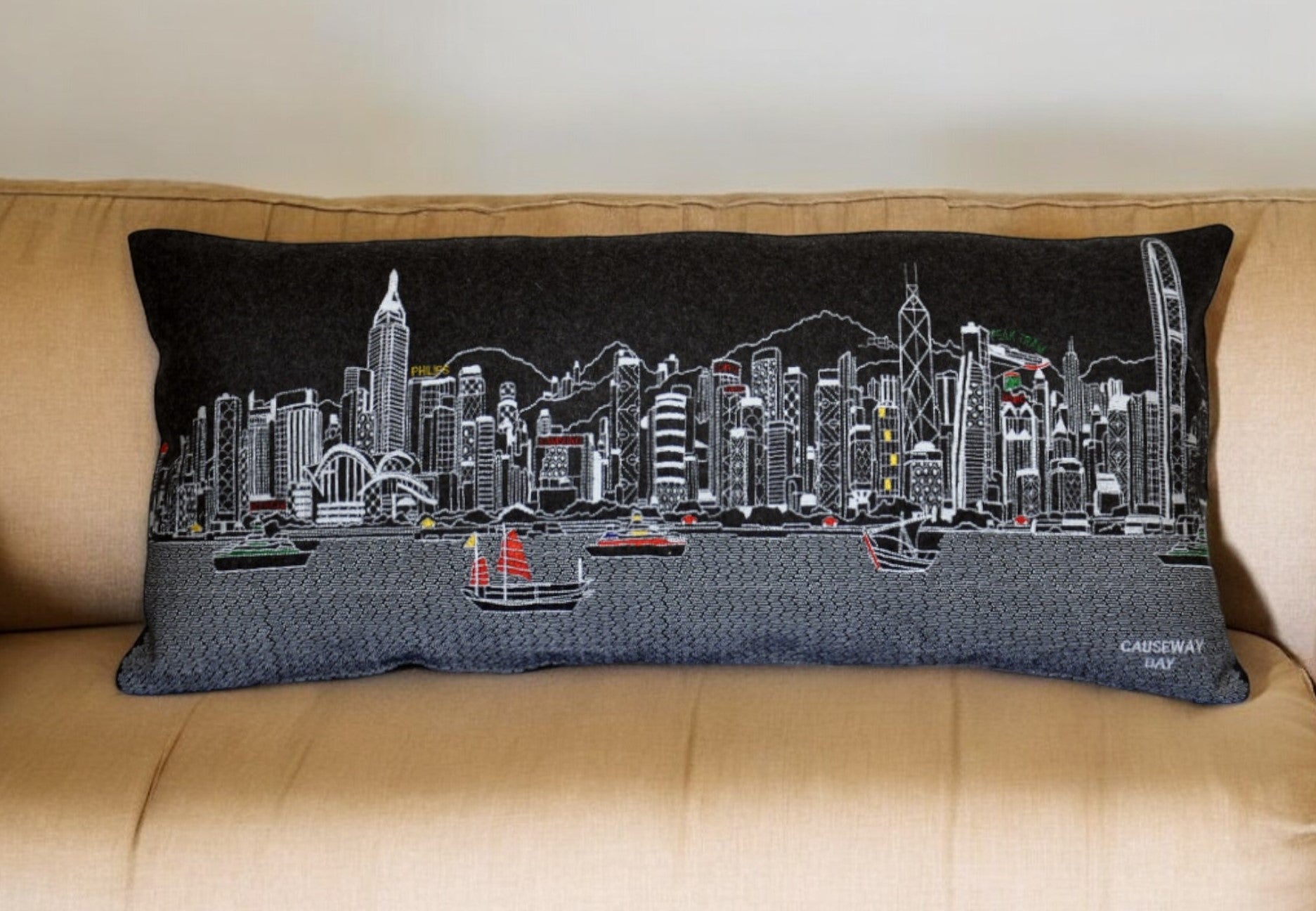 35" Black Hong Kong Nighttime Skyline Lumbar Decorative Pillow FurniFindUSA