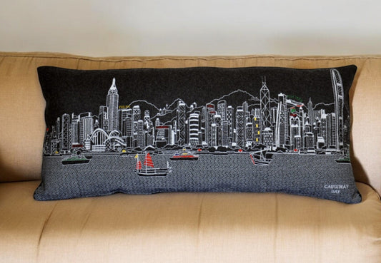 35" Black Hong Kong Nighttime Skyline Lumbar Decorative Pillow FurniFindUSA
