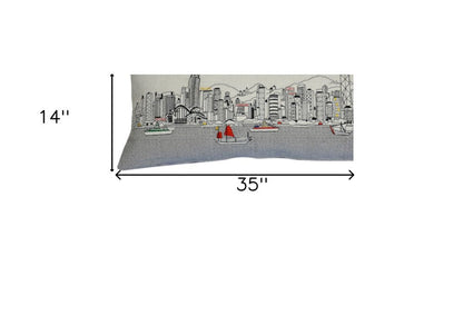 14" X 35" Dark Gray And White Hong Kong Nighttime Skyline Lumbar Decorative Pillow HomeRoots