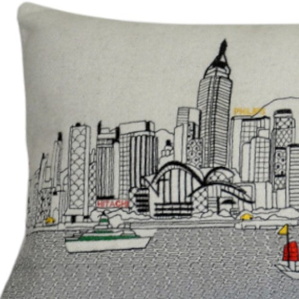 14" X 35" Dark Gray And White Hong Kong Nighttime Skyline Lumbar Decorative Pillow — view 8