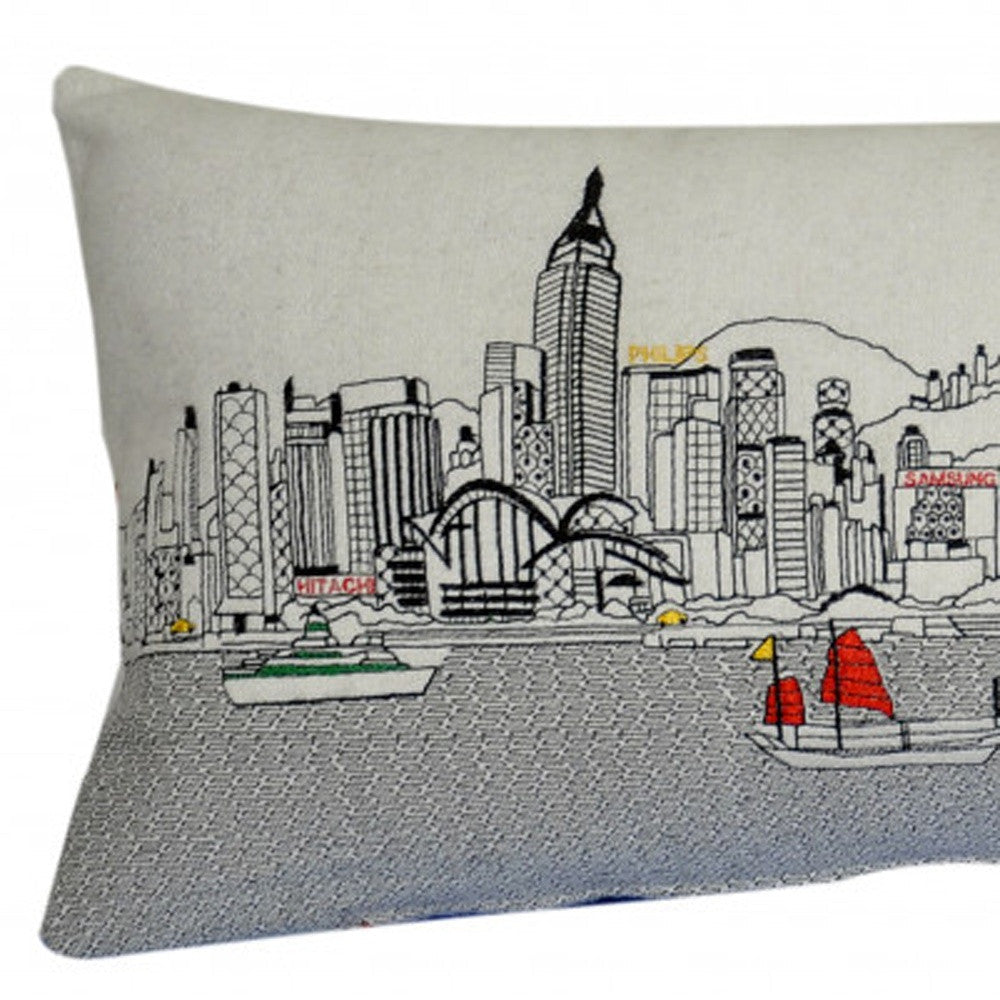 35" White Hong Kong Daylight Skyline Lumbar Decorative Pillow FurniFindUSA