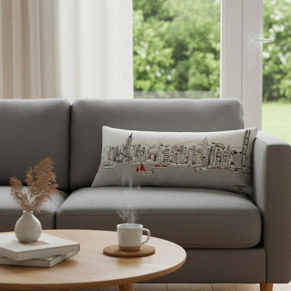 14" X 35" Dark Gray And White Hong Kong Nighttime Skyline Lumbar Decorative Pillow HomeRoots