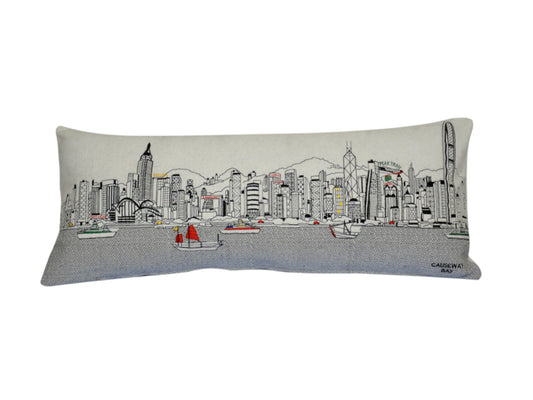 35" White Hong Kong Daylight Skyline Lumbar Decorative Pillow FurniFindUSA