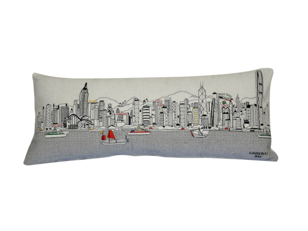 14" X 35" Dark Gray And White Hong Kong Nighttime Skyline Lumbar Decorative Pillow — view 7