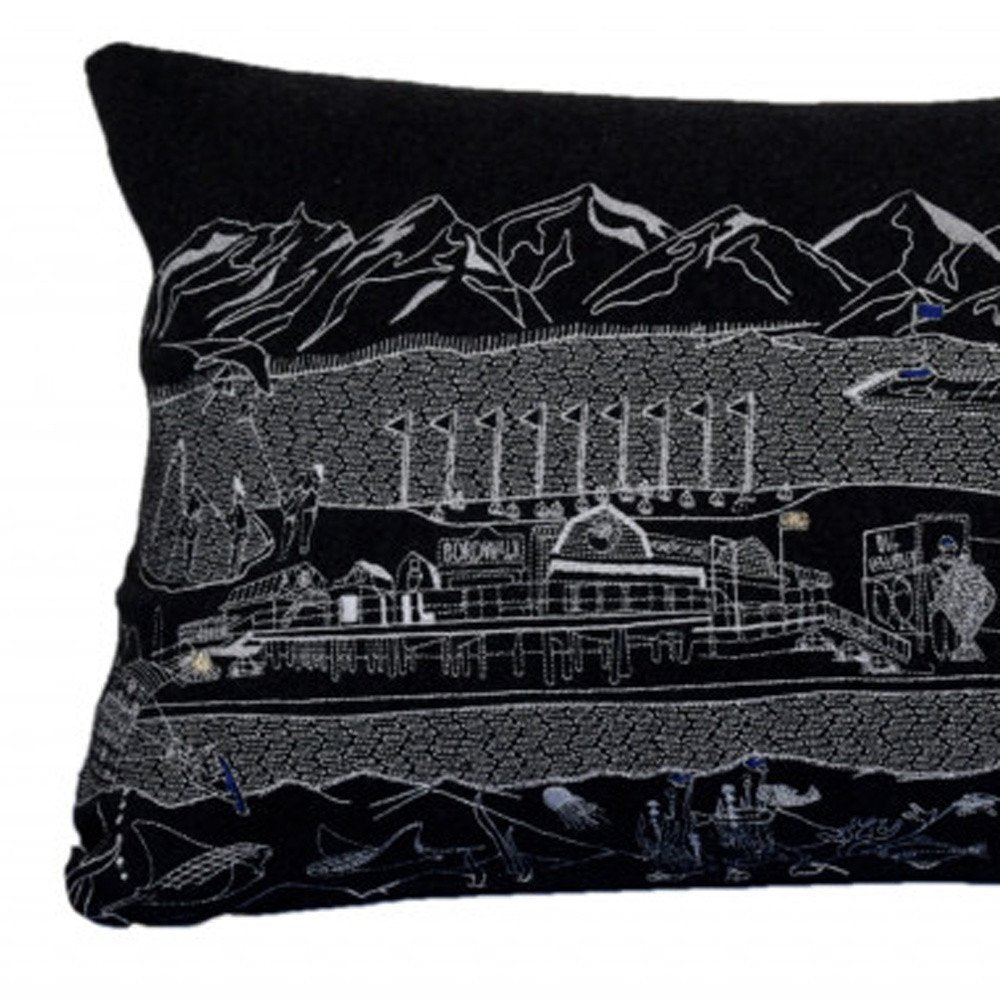 14" X 35" Dark Gray And White Homer Spit Nighttime Skyline Lumbar Decorative Pillow HomeRoots