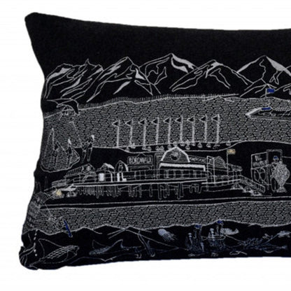 14" X 35" Dark Gray And White Homer Spit Nighttime Skyline Lumbar Decorative Pillow HomeRoots