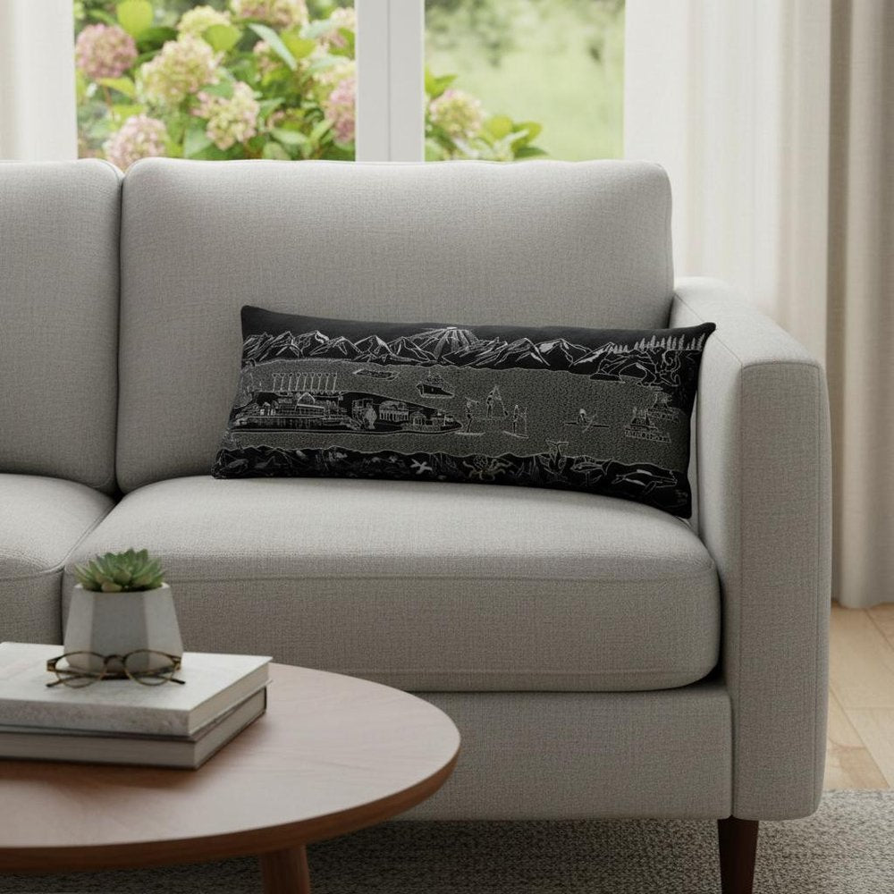 14" X 35" Dark Gray And White Homer Spit Nighttime Skyline Lumbar Decorative Pillow HomeRoots