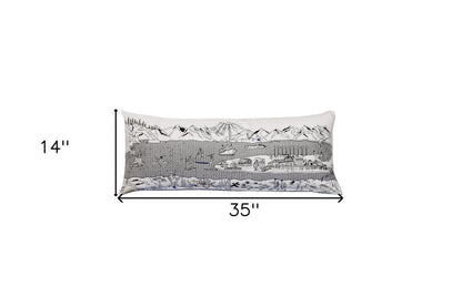 14" X 35" Dark Gray And White Homer Spit Nighttime Skyline Lumbar Decorative Pillow HomeRoots