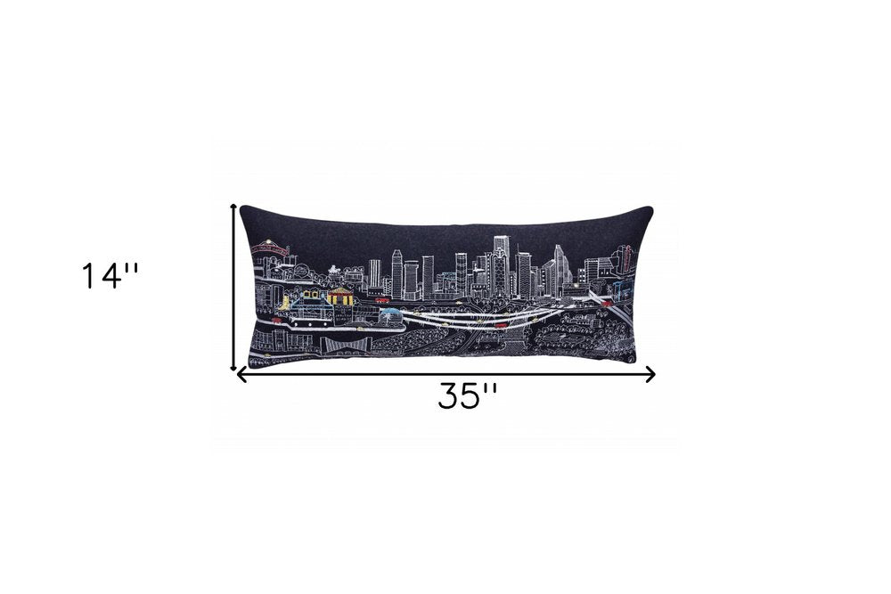 14" X 35" Dark Gray And White Houston Nighttime Skyline Lumbar Decorative Pillow HomeRoots