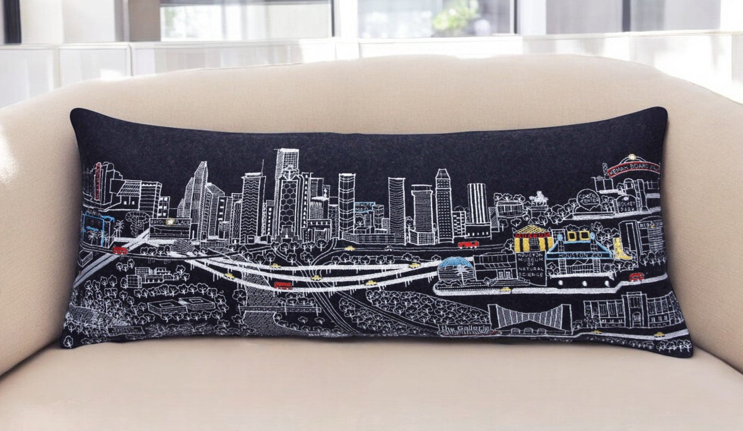 35" Black Houston Nighttime Skyline Lumbar Decorative Pillow FurniFindUSA