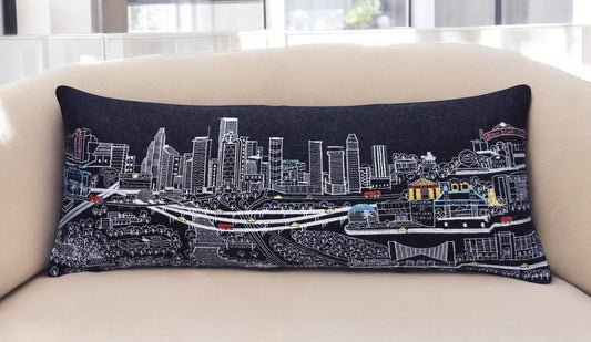 35" Black Houston Nighttime Skyline Lumbar Decorative Pillow FurniFindUSA