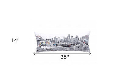 14" X 35" Dark Gray And White Houston Nighttime Skyline Lumbar Decorative Pillow HomeRoots