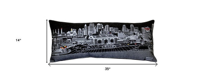 14" X 35" Dark Gray And White Lumbar Kansas City Nighttime Skyline Lumbar Decorative Pillow HomeRoots