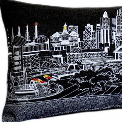 14" X 35" Dark Gray And White Lumbar Kansas City Nighttime Skyline Lumbar Decorative Pillow HomeRoots
