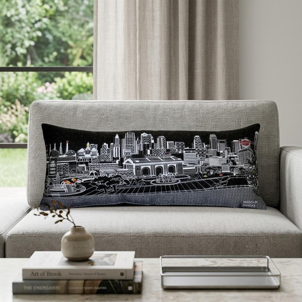 14" X 35" Dark Gray And White Lumbar Kansas City Nighttime Skyline Lumbar Decorative Pillow HomeRoots