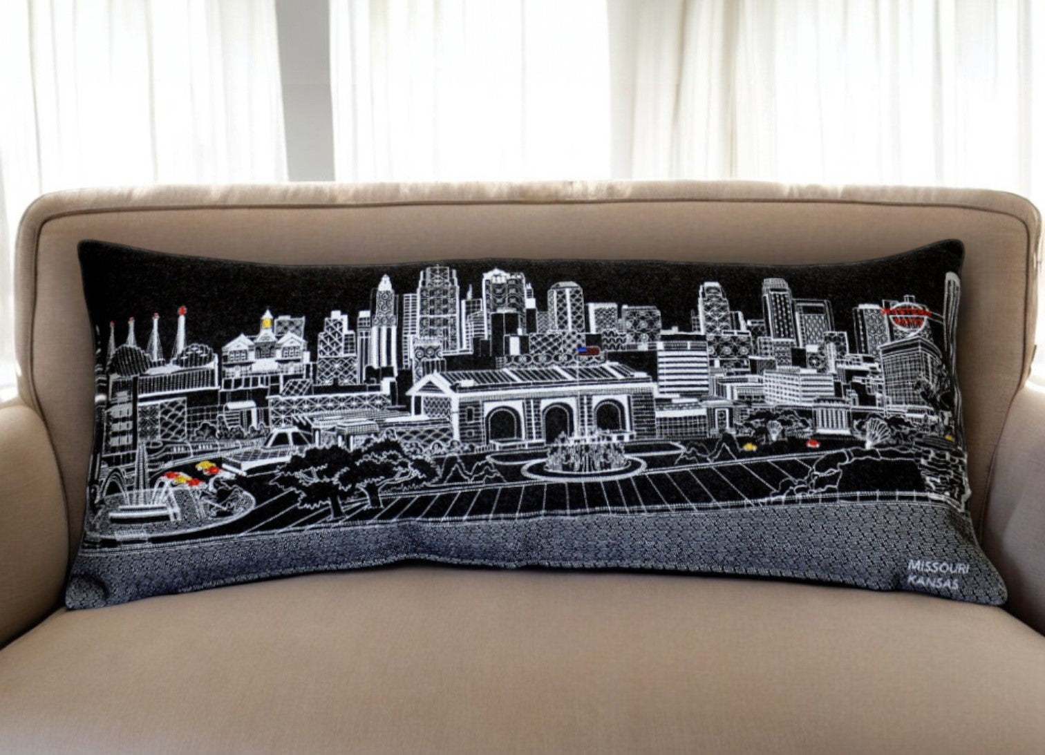 35" Black Kansas City Nighttime Skyline Lumbar Decorative Pillow FurniFindUSA