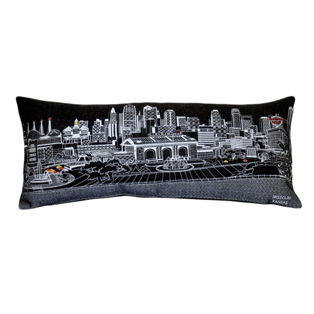 14" X 35" Dark Gray And White Lumbar Kansas City Nighttime Skyline Lumbar Decorative Pillow HomeRoots