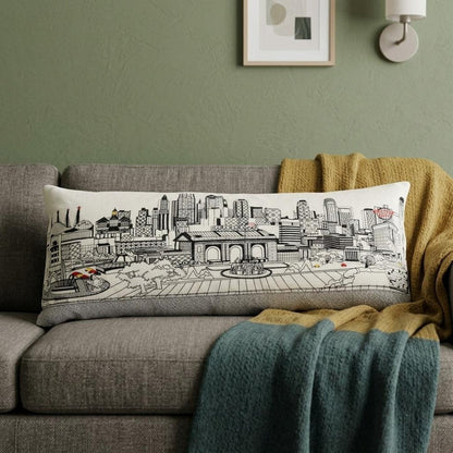 14" X 35" Dark Gray And White Lumbar Kansas City Nighttime Skyline Lumbar Decorative Pillow HomeRoots