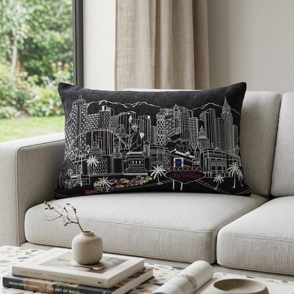 14" X 35" Dark Gray And White Las Vegas Nighttime Skyline Lumbar Decorative Pillow HomeRoots