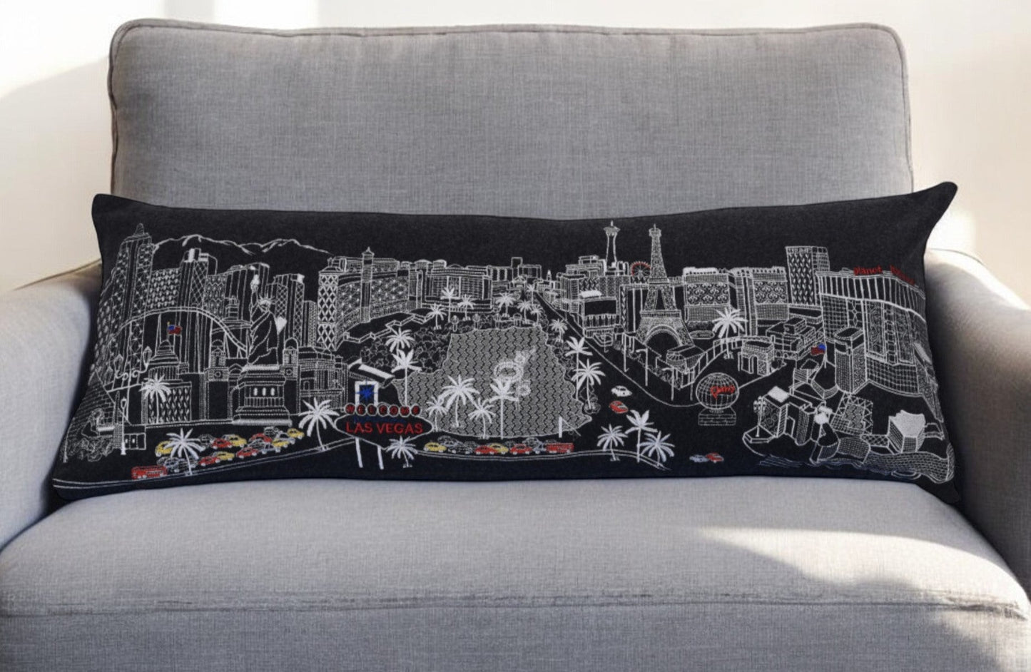 35" Black as Vegas Nighttime Skyline Lumbar Decorative Pillow FurniFindUSA