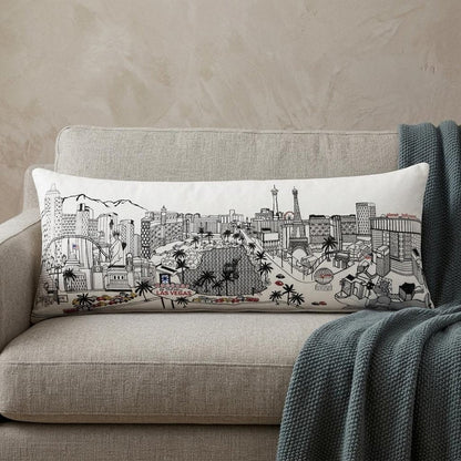 14" X 35" Dark Gray And White Las Vegas Nighttime Skyline Lumbar Decorative Pillow HomeRoots