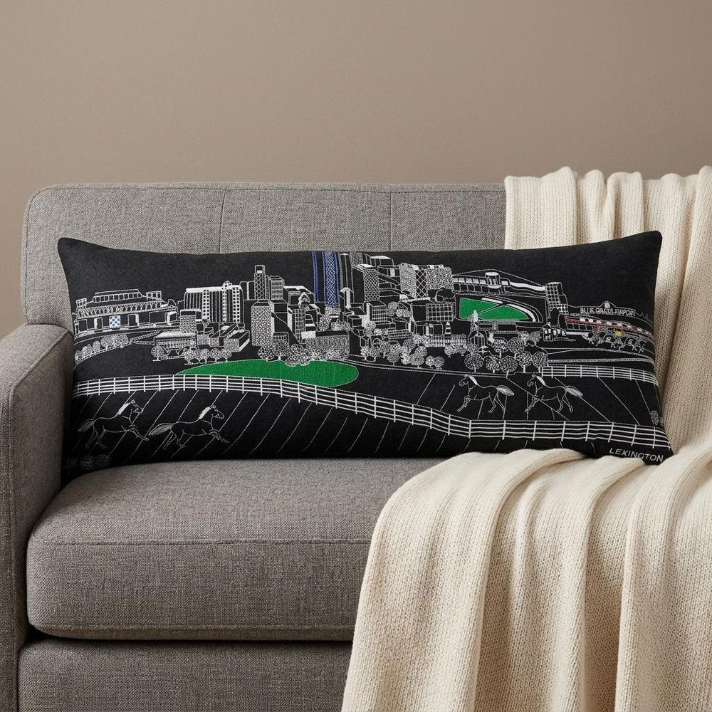 14" X 35" Dark Gray And White Lexington Nighttime Skyline Lumbar Decorative Pillow — view 1