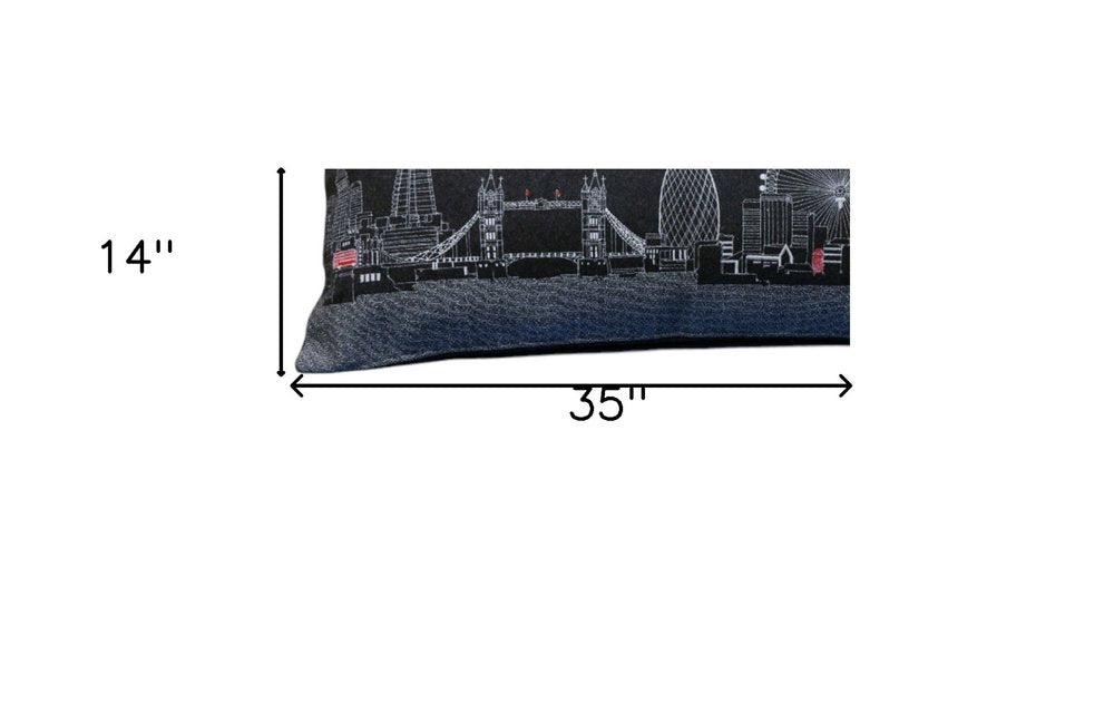 14" X 35" Dark Gray And White London Nighttime Skyline Lumbar Decorative Pillow HomeRoots