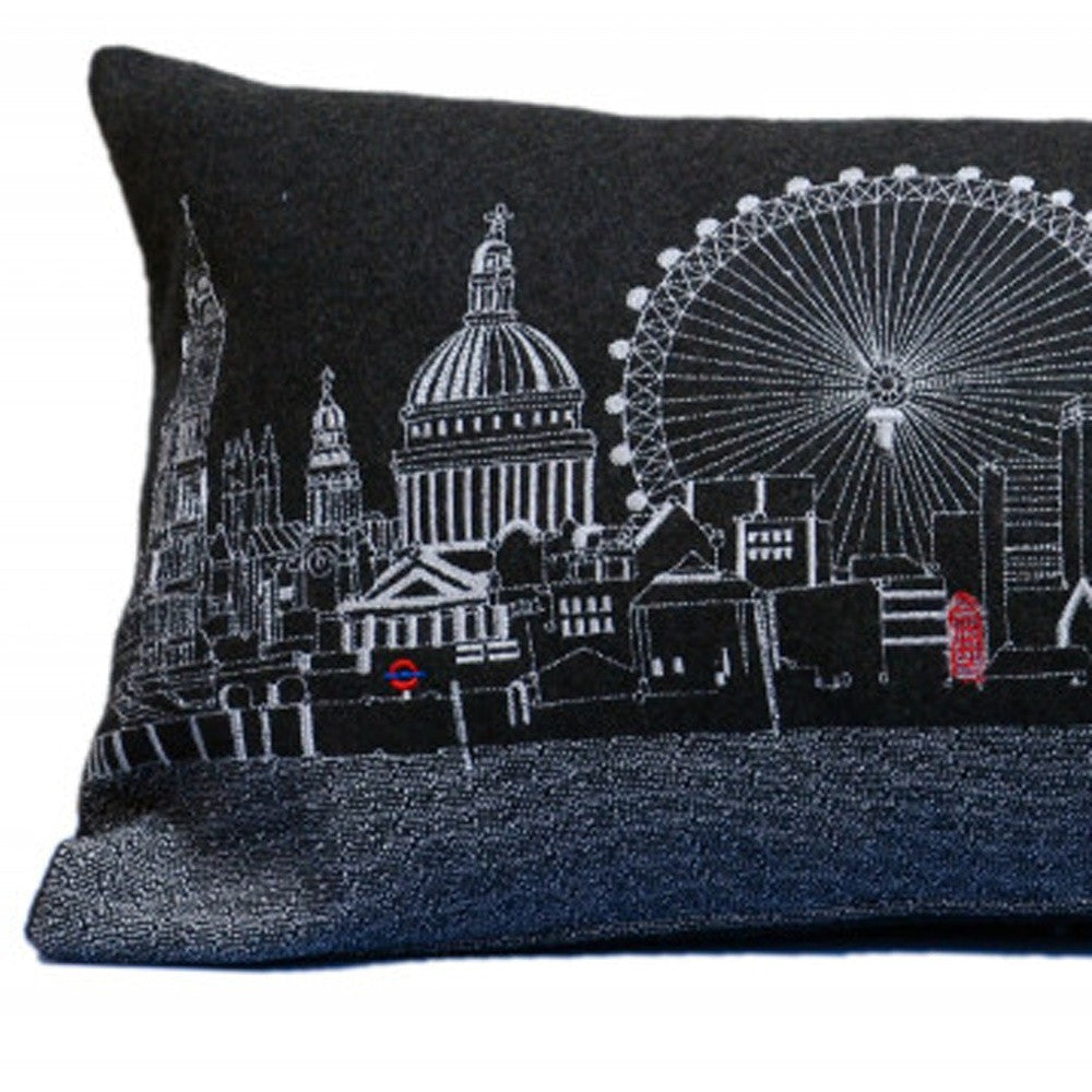 35" Black London Nighttime Skyline Lumbar Decorative Pillow FurniFindUSA