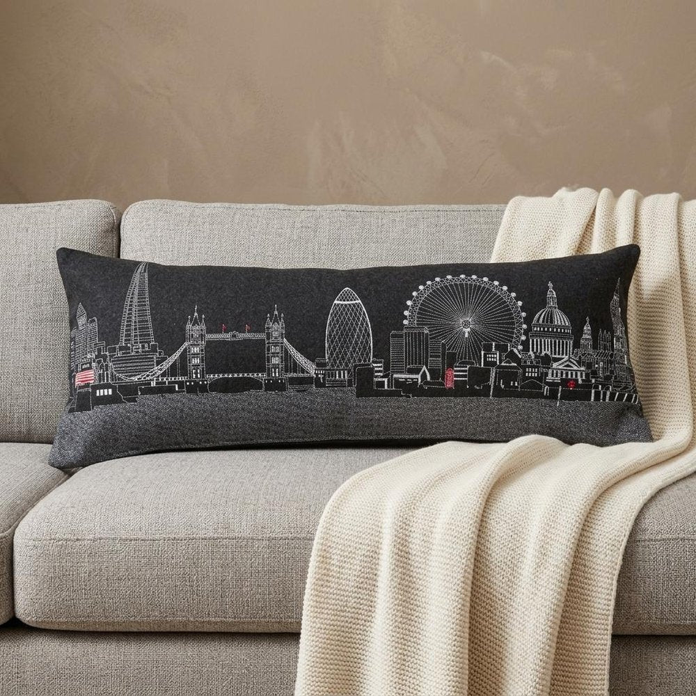 14" X 35" Dark Gray And White London Nighttime Skyline Lumbar Decorative Pillow — view 1