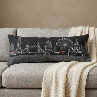 14" X 35" Dark Gray And White London Nighttime Skyline Lumbar Decorative Pillow HomeRoots