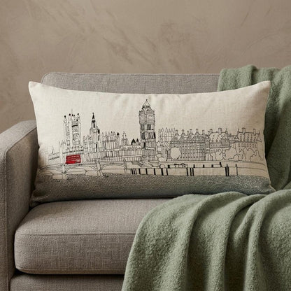 14" X 35" Dark Gray And White London Nighttime Skyline Lumbar Decorative Pillow HomeRoots