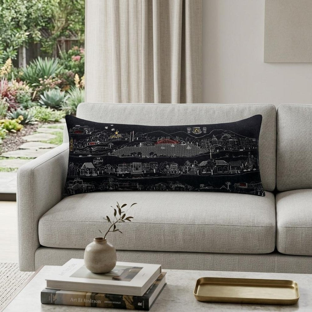 14" X 35" Dark Gray And White Los Gatos Nighttime Skyline Lumbar Decorative Pillow — view 1