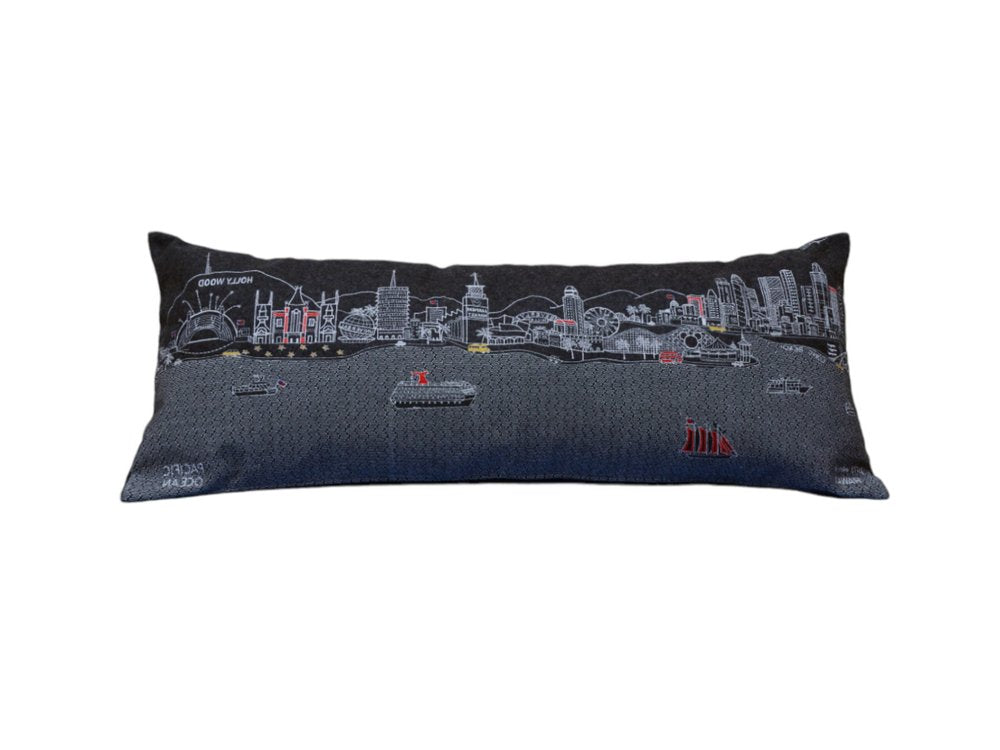 14" X 35" Dark Gray And White Los Angeles Nighttime Skyline Lumbar Decorative Pillow — view 4