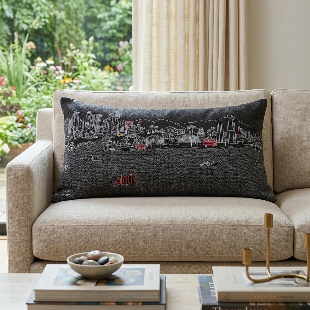 14" X 35" Dark Gray And White Los Angeles Nighttime Skyline Lumbar Decorative Pillow — view 1