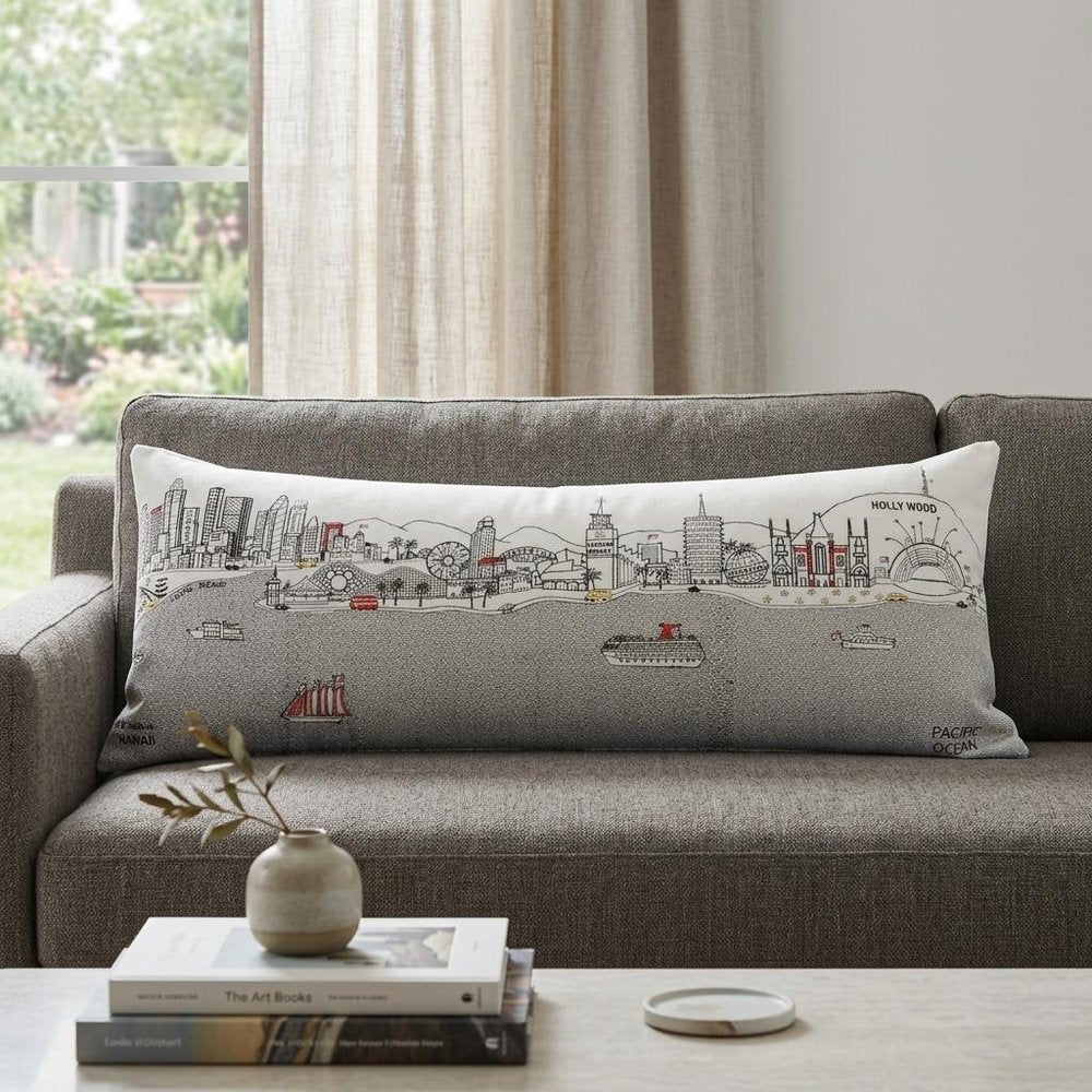 14" X 35" Dark Gray And White Los Angeles Nighttime Skyline Lumbar Decorative Pillow HomeRoots