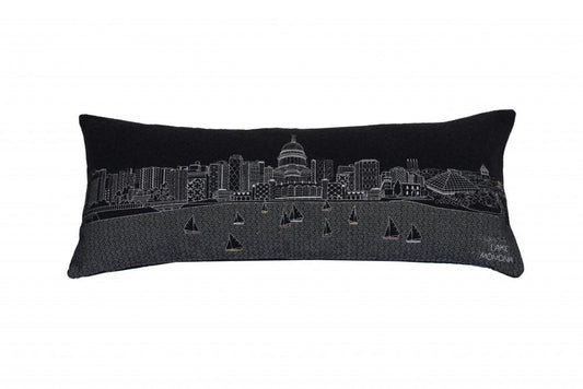 14" X 35" Dark Gray And White Madison Nighttime Skyline Lumbar Decorative Pillow